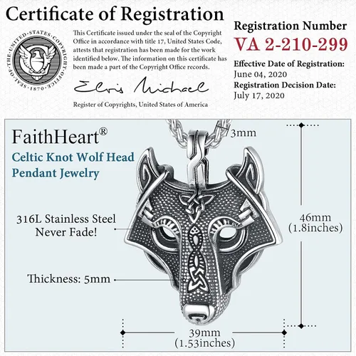 Vista 5 de FaithHeart Collar con colgante de lobo vikingo nórdico para hombres y mujeres, acero inoxidable, chapado en oro de 18 quilates, joyería con embalaje