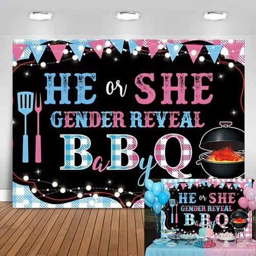 Vista 8 de Yeele Telón de fondo para revelación de género de bebé de 5 x 3 pies con texto en inglés "He or she Baby Shower Baby Shower Pink Blue Fotografía