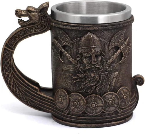 Vista 7 de GuoShuang Decoración nórdica de acero inoxidable de madera viking café fresco taza viking regalo para hombres taza de cerveza stein