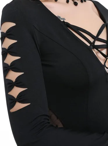 Vista 8 de MEOWCOS - Vestido largo gótico, estilo vintage, cuello en V profundo, abertura lateral, manga larga