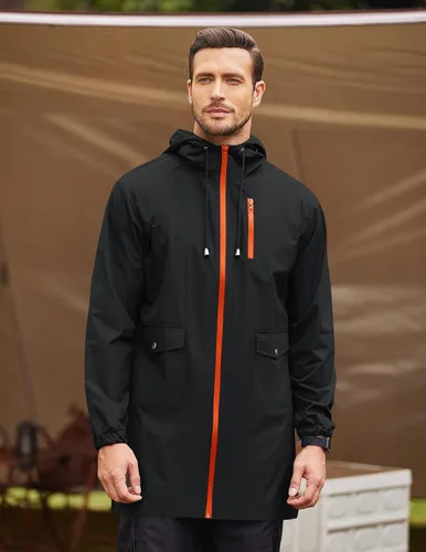 Vista 40 de COOFANDY Chubasquero largo para hombre, chaqueta impermeable para exteriores, con capucha