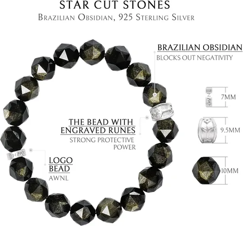Vista 5 de AWNL Pulsera de cuentas para hombre con dije de plata de ley de 0.394 pulgadas (0.394 in) de oro, obsidiana y ojo de tigre natural, regalo
