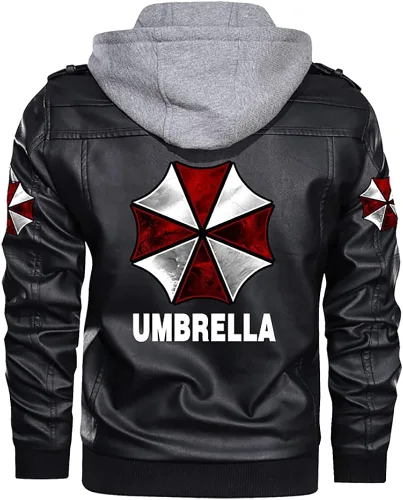 Vista 2 de Chaqueta de cuero para hombre, con capucha extraíble y diseño de paraguas, para cosplay