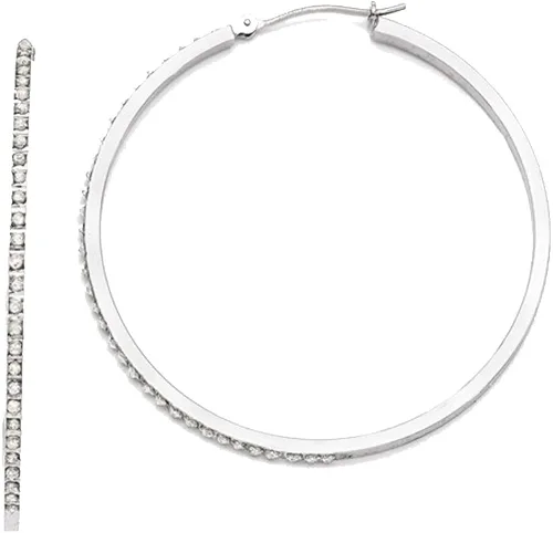 Vista 3 de Aretes tipo argolla grandes en oro blanco de 14 K (1 34 pulgadas) con detalles de diamantes