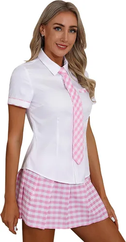 Vista 3 de FEESHOW Conjunto de uniforme para mujer, disfraz de cosplay con falda a cuadros