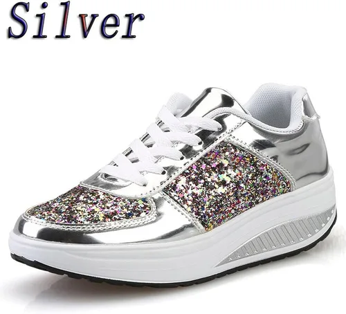 Vista 5 de Hbeylia Zapatos deportivos de moda con plataforma para mujer, de piel con purpurina, estilo casual, parte inferior gruesa, tacones altos, zapatos