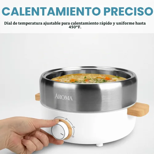 Vista 4 de Aroma Housewares AMC-130 Whatever Pot, parrilla de interior, cocina, olla caliente con tapa de vidrio, asas de bambú, 2.5 L, acero inoxidable/blanco