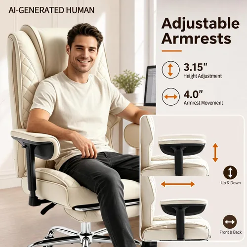 Vista 7 de Big and Tall Office Chair and High Back with Heavy Duty Wide Executive Office Chair with Foot Rest, Adjustable Armrests (Beige)