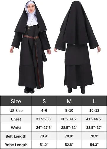 Vista 4 de DAZCOS Disfraz de cosplay de monja, bata medieval decente con pañuelo y cinturón para Halloween