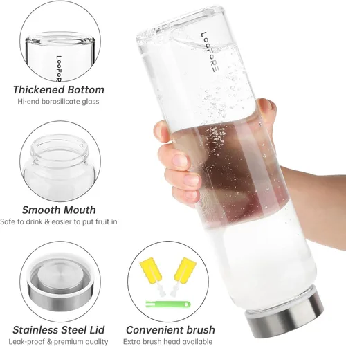 Vista 2 de Botellas de agua de vidrio LOOFORE 32 onzas, 1 litro / 1000ml Botellas de vidrio para beber de boca ancha con tapas, botella grande reutilizable