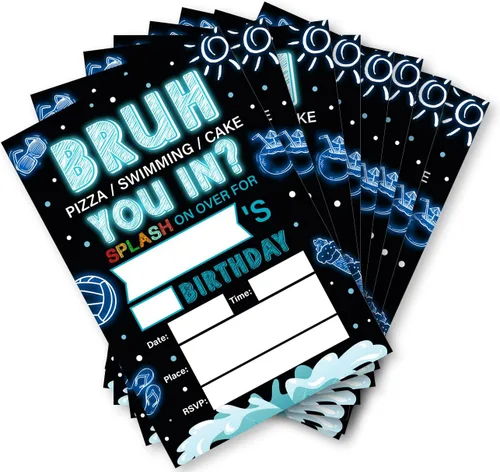 Vista 5 de Soiceu Invitaciones de cumpleaños de neón para adolescentes y niños con sobres, juego de 20