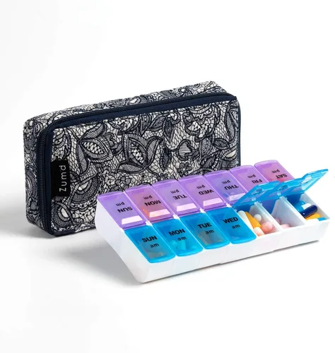 Vista 24 de Organizador Semanal de Pastillas 2 Veces al Día, Pastillero Zumd de 7 Días con Bonita Funda de Tela Acolchada con Cremallera, Estuche de Pastillas