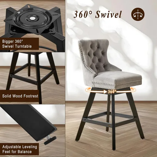 Vista 276 de SoarFlash Juego de 2 taburetes de bar tapizados de terciopelo moderno con patas de madera, botones acolchados, cabeza de clavo cromada, asiento