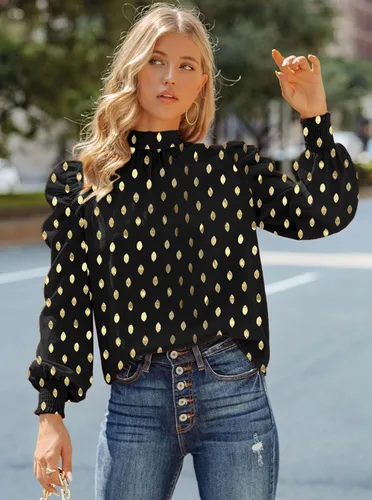 Vista 3 de Remidoo Blusa de manga abombada con cuello alto falso y estampado de leopardo para mujer