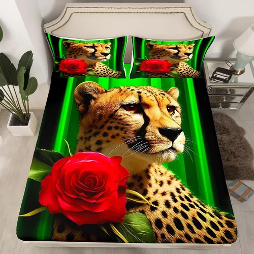 Vista 29 de Erosebridal Juego de sábanas bajeras de rosas rojas y leopardo, tamaño individual, diseño de animales africanos salvajes, diseño de plantas