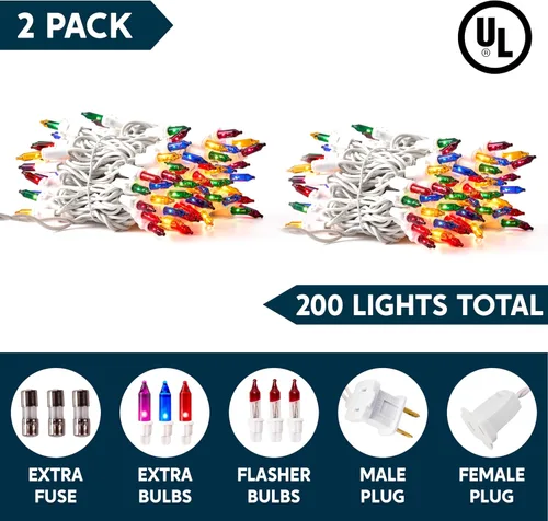Vista 7 de Joiedomi Guirnalda de luces de Navidad para interiores, 200 (2 x 100) mini luces multicolor con cable blanco de 42.8 pies, decoración de iluminación