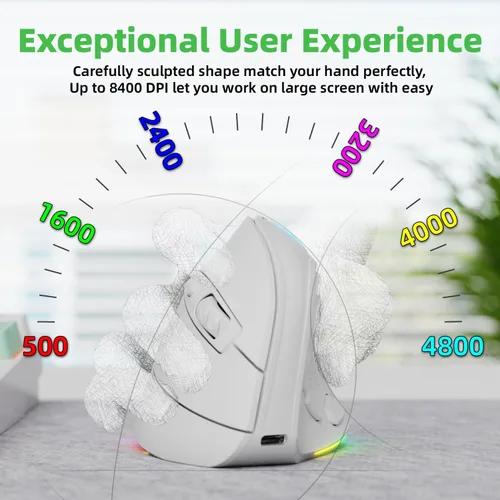 Vista 5 de Ratón ergonómico vertical inalámbrico recargable RGB de 2.4G y BT 5.1, 5 botones laterales, máximo 8400 DPI, para PC, portátil, para Windows 11 10