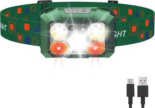 Vista 10 de Linterna frontal LED recargable, 800 lúmenes con luz roja y blanca, 8 modos, sensor de movimiento, carga USB-C, IPX4 impermeable (1, naranja)