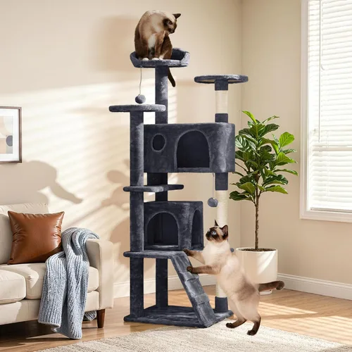 Vista 2 de Yaheetech - Torre de árbol para gatos de 62 pulgadas, torre para gatitos de interior, muebles para mascotas con doble refugio, postes para rascar