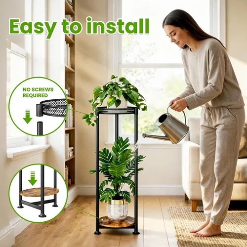Vista 5 de Soporte negro de 2 niveles para plantas en interiores, 30 pulgadas de alto, estante de esquina de metal resistente para plantas estrechas para piso