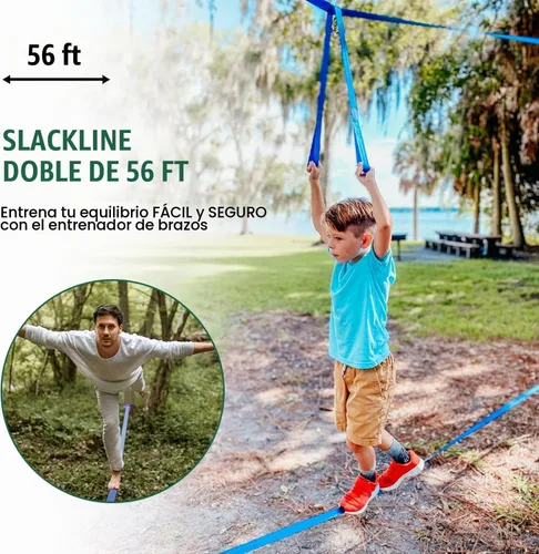 Vista 7 de Carrera de obstáculos Ninja Warrior para niños, kit de línea floja de 2 x 56 pies con 8 accesorios ninja + hebillas de ajuste rápido, barra de mono