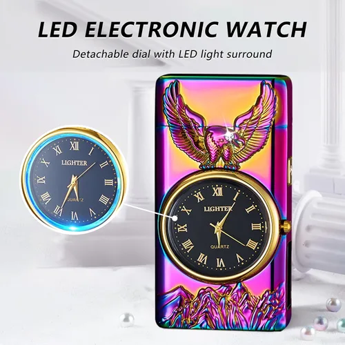Vista 4 de BABOBIU Encendedor eléctrico recargable a prueba de viento USB con esfera de reloj y diseño de águila sin llama para camping, oficina en casa