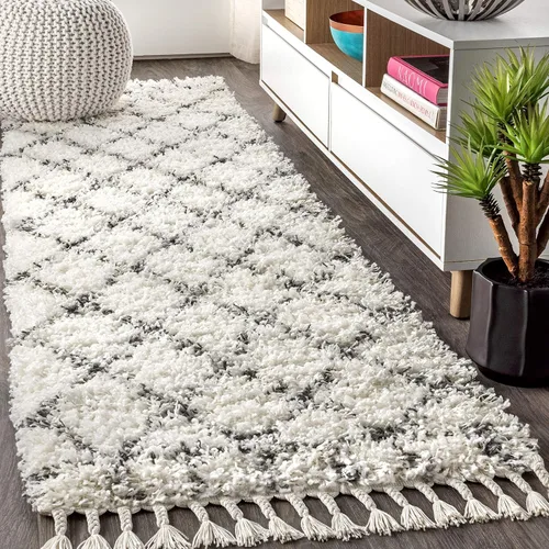 Vista 13 de JONATHAN Y Mercer Shag - Alfombra de pasillo de felpa con borlas, azul/crema, 2 x 8 pulgadas, enrejado geométrico marroquí, fácil limpieza para sala