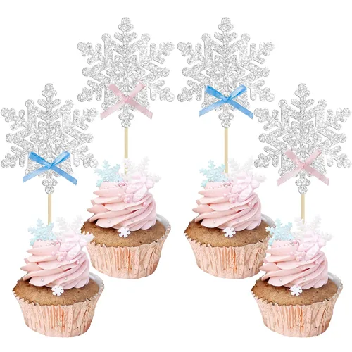 Vista 17 de Gyufise 24 adornos de copos de nieve Oh Baby para cupcakes con purpurina azul, decoración de pastel de baby shower congelado para baby shower