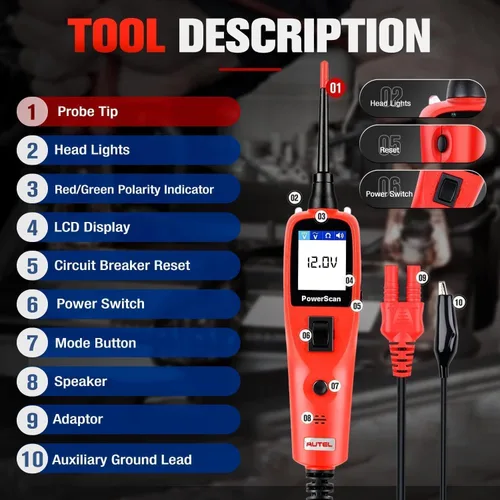 Vista 8 de Autel PowerScan PS100 Kit de sonda de circuito de alimentación – Herramienta de diagnóstico del sistema de circuito de automóvil de 12 V 24 V