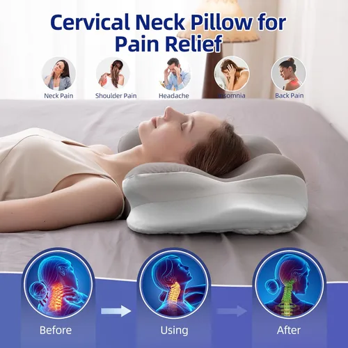 Vista 5 de FUNCCUBE Almohada cervical para el cuello – Almohadas de espuma viscoelástica para aliviar el dolor dormir con funda de almohada refrescante, Queen