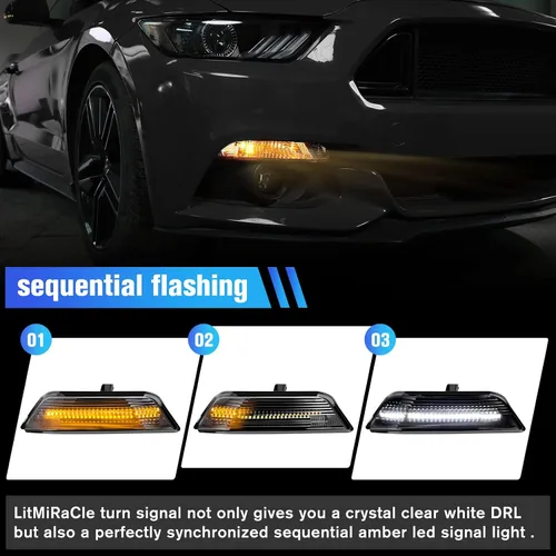 Vista 3 de Conjunto de luz de señal de giro secuencial LED DRL para Ford Mustang 2015 2016 2017 EE. UU., Luz de marcha blanca con lente transparente