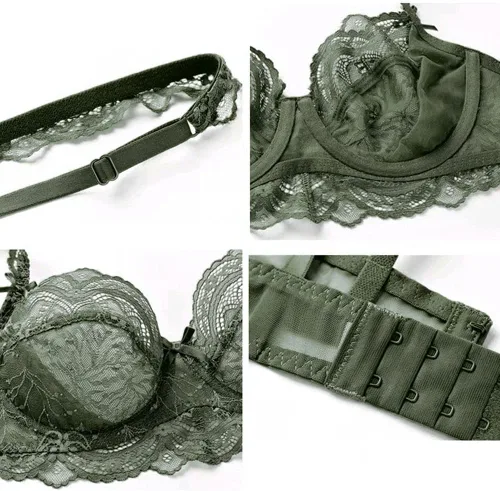Vista 6 de Guoeappa Conjunto de brasier y bragas de encaje para mujer, lencería con aros, tamaño de copa (32B-40D), brasier transparente sin forro, 2 piezas