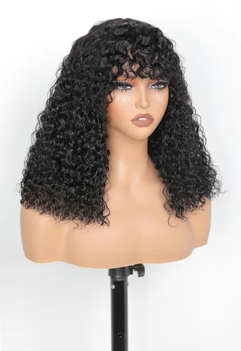Vista 12 de Ruiyu - Peluca rizada con corte de pelo lanudo con flequillo, cierre de cabello humano, peluca sin pegamento, pelucas onduladas con flequillo