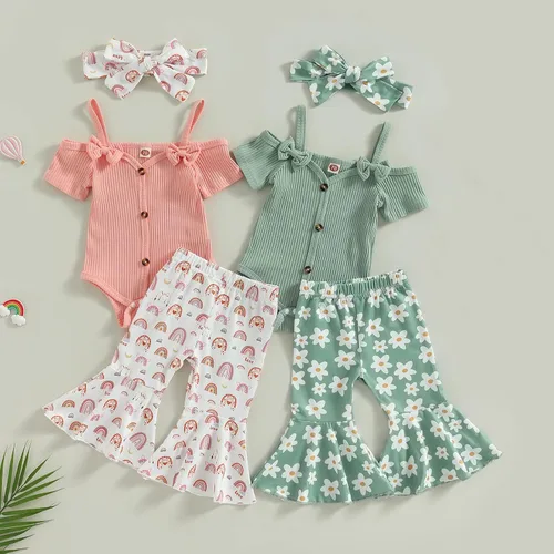 Vista 64 de Sejardin Ropa de verano para bebé y niña, recién nacida, manga corta, con letras, mameluco elástico con diadema