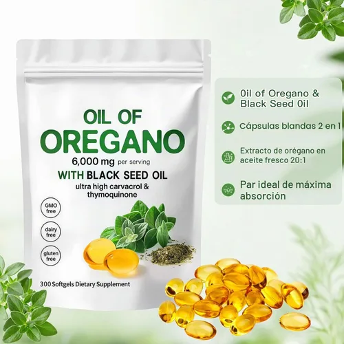Vista 5 de Aceite de orégano con aceite de semilla negra 2 en 1 cápsulas, 300