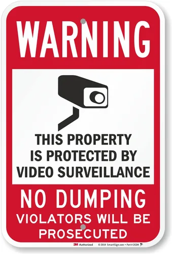 Vista 11 de SmartSign señal de seguridad, leyenda: "Warning: Video Surveillance No Dumping" en colores negro y rojo sobre blanco, 1