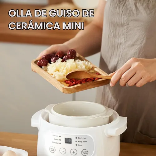 Vista 2 de Mini olla de cocción de cerámica de 200 W, olla eléctrica de sopa de gachas de avena de 1 litro con sobrecalentamiento y apagado automático