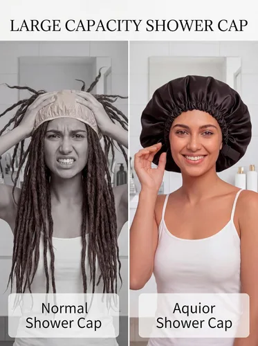 Vista 4 de Aquior Gorro de ducha para mujer, extra ajustable, doble capa, impermeable, reutilizable, gorra de pelo de tamaño grande para todo el cabello