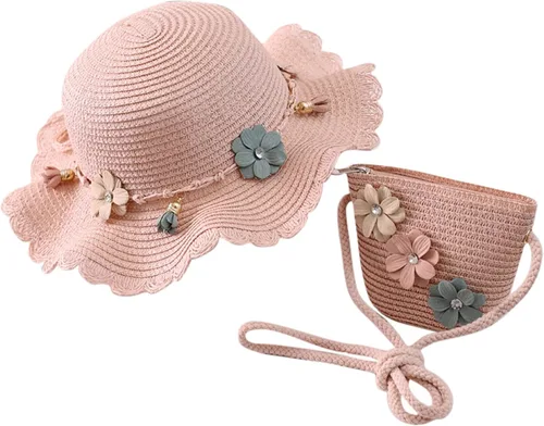 Vista 5 de Sombrero de paja para bebé niña + bolsa de playa para niñas, sombrero de paja para niños, sombrero, sombrero de flores para niños