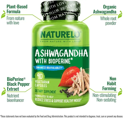 Vista 2 de NATURELO Ashwagandha - Polvo de raíz orgánica, suplemento de hierbas naturales para la fatiga, alivio del estrés, potenciador del estado de ánimo