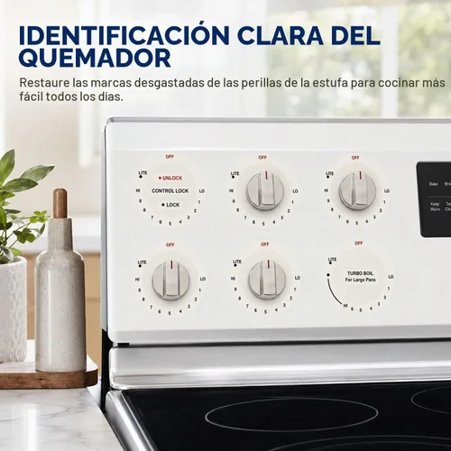Vista 4 de 12 unidades de calcomanías para estufa, placa de cocina, parte superior de horno, perilla adhesiva de repuesto para horno, símbolo de perilla