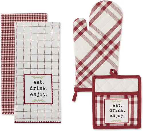 Vista 2 de DII Home Sweet Farmhouse Kitchen Collection, manoplas de horno, juego de toallas de cocina, color rojo granero, 4