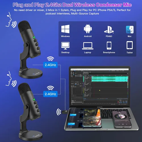 Vista 2 de ZealSound Micrófono de podcast, paquete de equipo de podcast para iPhone, PC, iPad Android, micrófono USB inalámbrico dual de 2.4 GHz con reducción