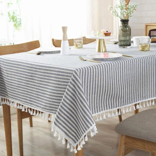 Vista 6 de AMZALI Mantel de Rayas con Borlas de Algodón y Lino Resistente a Manchas/A Prueba de Polvo Impermeable Cubierta de Mesa para Decoración de Mesa