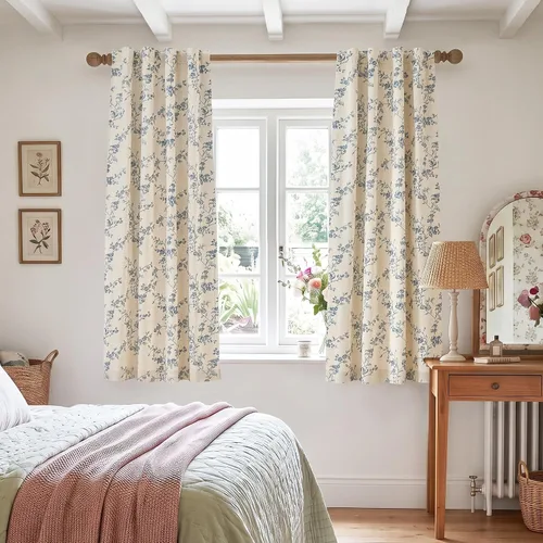 Vista 5 de jinchan Linen Blackout Curtains Blue Floral 63 Inch Back Tab 2 Panels Blue on Beige