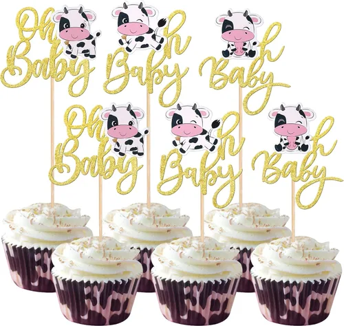 Vista 14 de Rsstarxi Paquete de 36 adornos para cupcakes con diseño de vaca, dos decoraciones para cupcakes de animales de granja con zoom de 2º cumpleaños