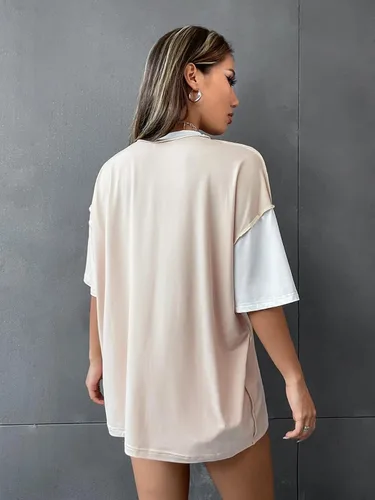 Vista 2 de Floerns Camiseta holgada de manga corta con cuello redondo y costuras de bloque de color para mujer