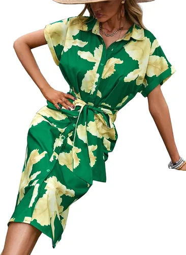 Vista 5 de LYANER Vestido midi ajustado de manga corta con cuello y botones y estampado floral para mujer
