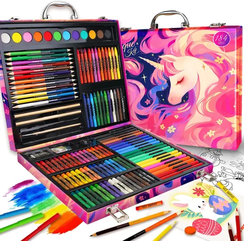 Vista 9 de Cokiki Kit de arte de 184 piezas para niños de 6 a 12 años, juego de dibujo definitivo con pasteles al óleo, crayones, pasteles de acuarela y bloc
