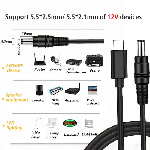 Vista 3 de Cable de alimentación USB C a CC de 0.217 in x 0.083 in, entrada USB tipo C de 5 pies a CC cable de carga de salida de 12 V, funciona con cargador